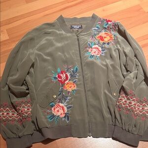 Johnny Was Olive Floral Embroidered Bomber Jacket